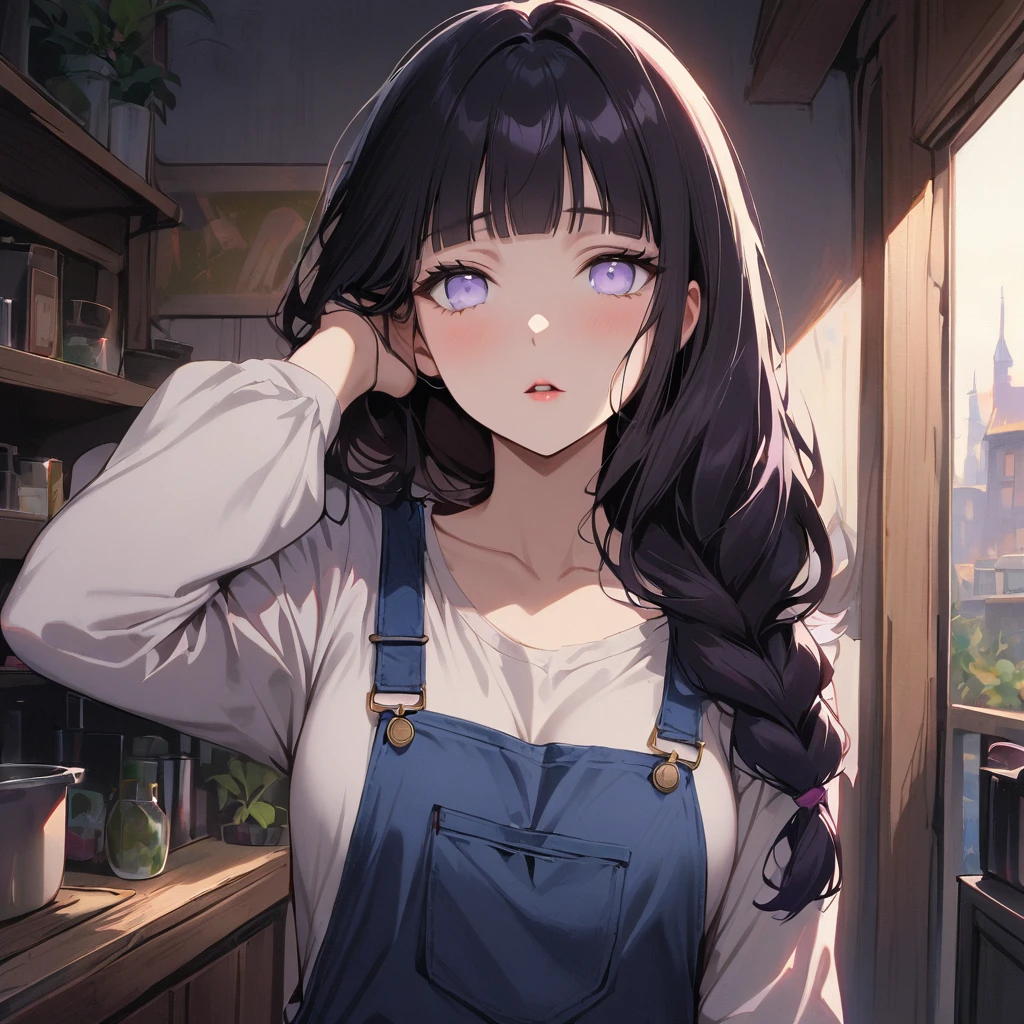 1girl, overalls, solo, hyuuga hinata, long hair, bangs, black hair, looking at viewer, long sleeves, blunt bangs, braid, parted lips, shirt, white shirt, indoors, blue overalls, white eyes, collarbone, breasts, arm up, lips, purple eyes