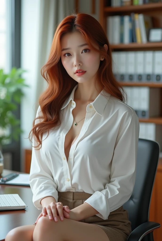 8k, RAW photo, top quality, masterpiece: 1.2), extremely detailed, super high resolution, (real, real photo: 1.37), portrait, high definition RAW color photo, professional photo, very detailed and beautiful, very detailed, 8k wallpaper, great detail, large file size, official art, very detailed CG Unity 8k wallpaper, very detailed beautiful girl, very detailed face, very detailed eyes, very detailed skin, very detailed fingers, very detailed nose, very detailed mouth, very beautiful face and eyes, ((full body)), beautiful woman in the office, big breasts, well-proportioned body, Korean girl, reddish brown hair, white skin, short skirt, white shirt