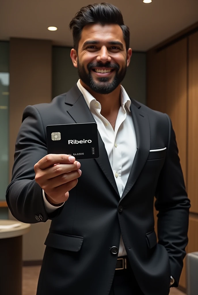 Strong and stocky mixed race man, properly dressed, standing, smiling, showing a black credit card with the words “RIBEIRO” written on it.