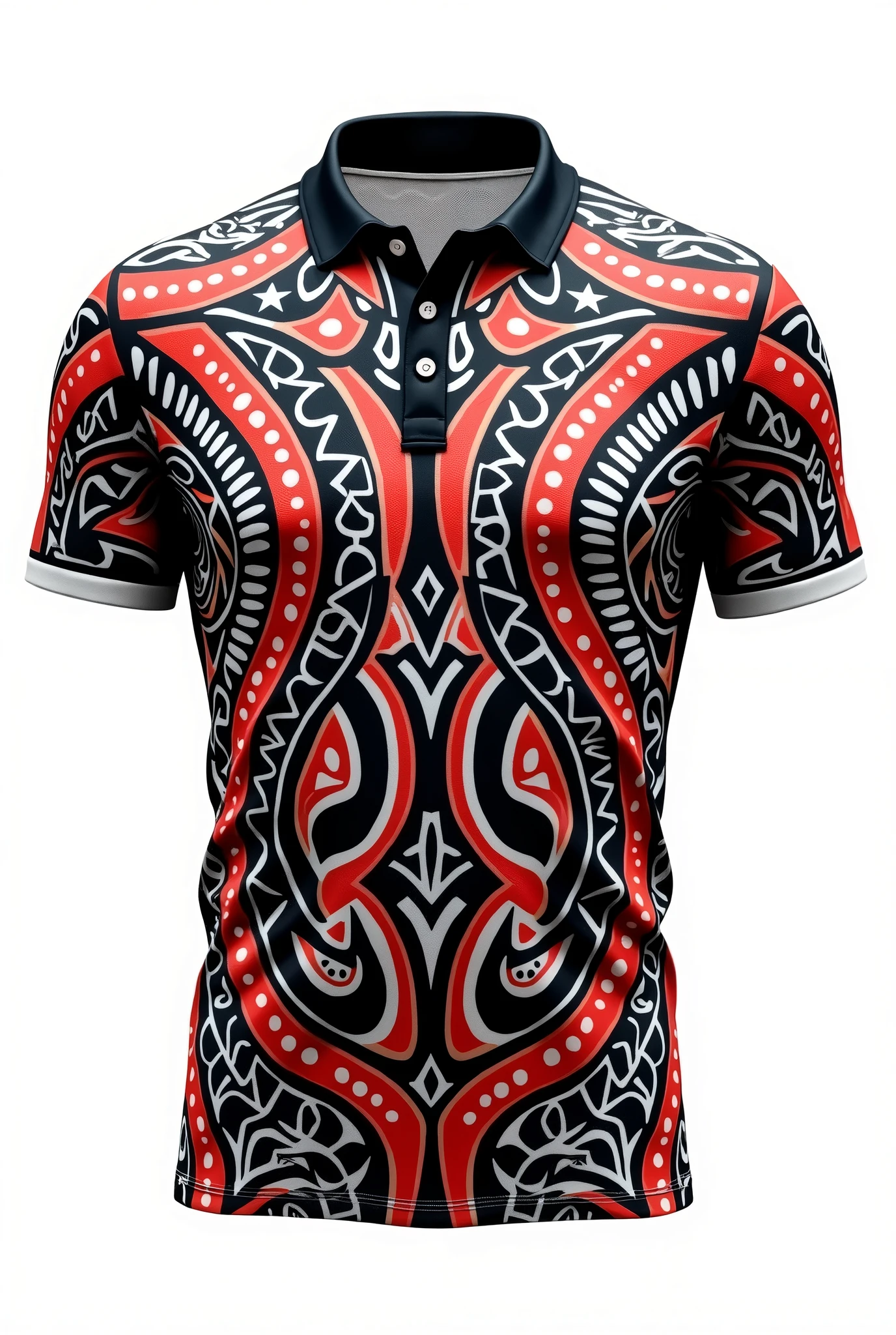Create rugby jersey maori  tribe full  pattern black white red  retro black collar white background front and back design side by two side  clear