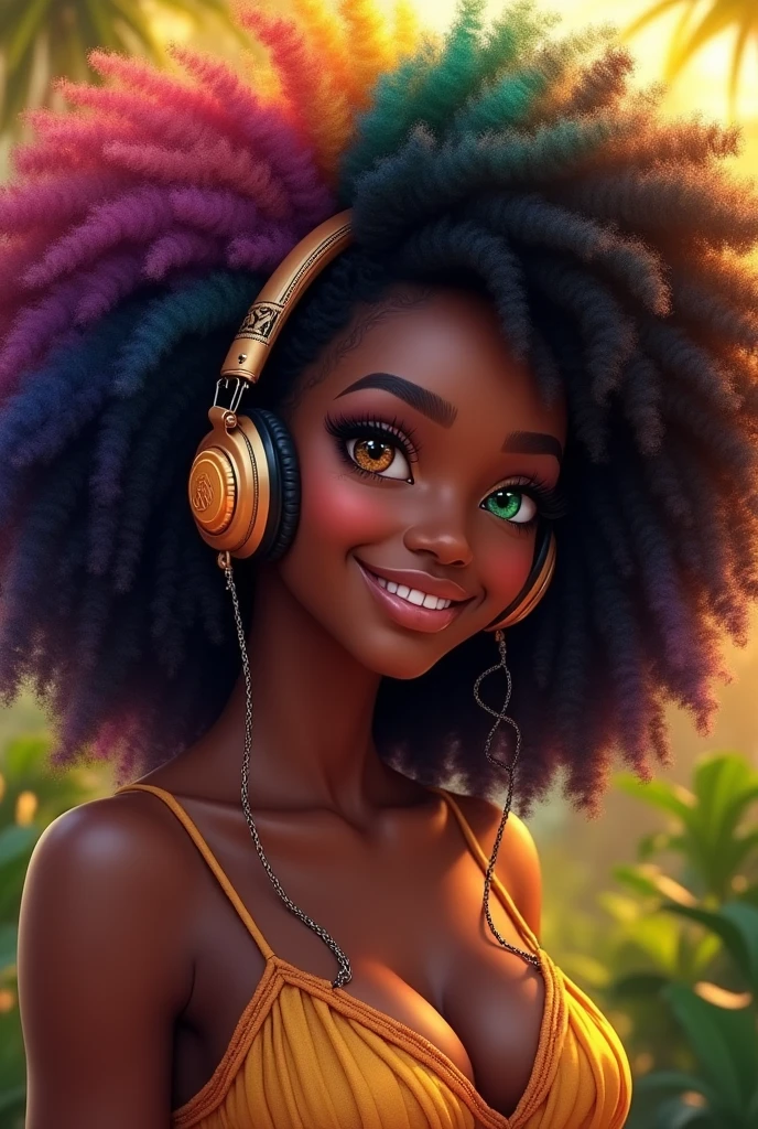 african goddess, beautiful face, luxuriant afro-textured messy rainbow hair, lightskin, Heterochromia eyes, really curly hair, smile, headphone,reggae style