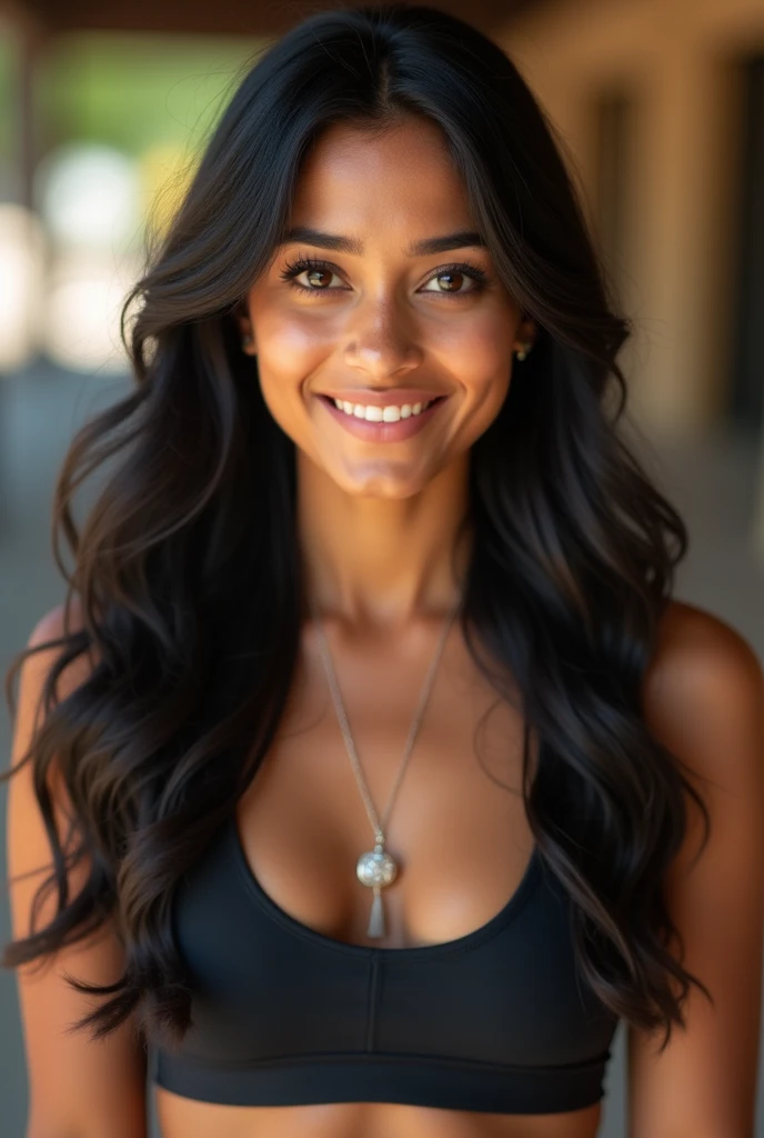 
“Create a consistent, beautiful 26-year-old Indian woman with a fair complexion and a warm undertone, almond-shaped dark brown eyes, long lashes, a straight nose, full lips with a natural rosy tint, and long, jet-black hair styled in soft waves. The face should remain identical across all images. However, the background, outfit, and pose should change according to the scene. For example, she could be posing in a traditional Indian saree in a temple, wearing casual modern attire in an urban setting, or dressed in athletic wear at the gym. Ensure her facial features remain consistent, with the same gentle smile and warm expression
