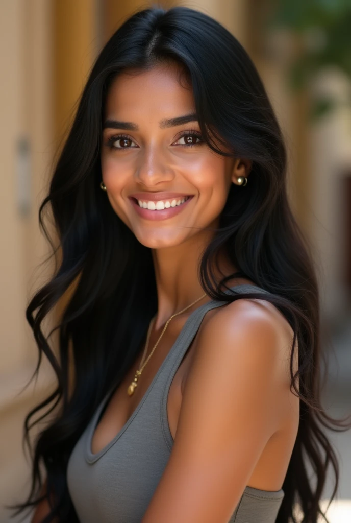 “Create a consistent, beautiful 26-year-old Indian woman with a fair complexion and a warm undertone, almond-shaped dark brown eyes, long lashes, a straight nose, full lips with a natural rosy tint, and long, jet-black hair styled in soft waves. The face should remain identical across all images. However, the background, outfit, and pose should change according to the scene. For example, she could be posing in a traditional Indian saree in a temple, wearing casual modern attire in an urban setting, or dressed in athletic wear at the gym. Ensure her facial features remain consistent, with the same gentle smile and warm expression