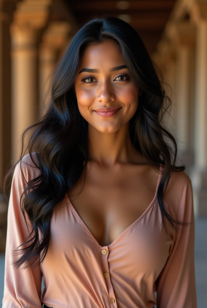 
“Create a consistent, beautiful 26-year-old Indian woman with a fair complexion and a warm undertone, almond-shaped dark brown eyes, long lashes, a straight nose, full lips with a natural rosy tint, and long, jet-black hair styled in soft waves. The face should remain identical across all images. However, the background, outfit, and pose should change according to the scene. For example, she could be posing in a traditional Indian saree in a temple, wearing casual modern attire in an urban setting, or dressed in athletic wear at the gym. Ensure her facial features remain consistent, with the same gentle smile and warm expression