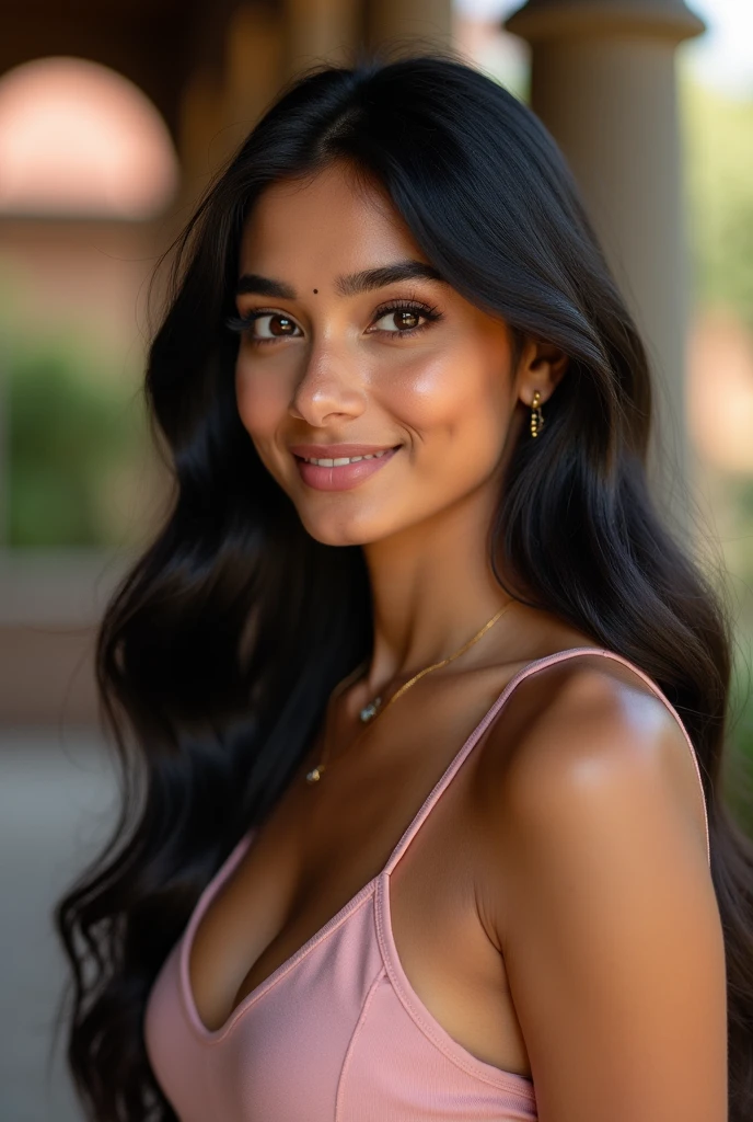 
“Create a consistent, beautiful 26-year-old Indian woman with a fair complexion and a warm undertone, almond-shaped dark brown eyes, long lashes, a straight nose, full lips with a natural rosy tint, and long, jet-black hair styled in soft waves. The face should remain identical across all images. However, the background, outfit, and pose should change according to the scene. For example, she could be posing in a traditional Indian saree in a temple, wearing casual modern attire in an urban setting, or dressed in athletic wear at the gym. Ensure her facial features remain consistent, with the same gentle smile and warm expression