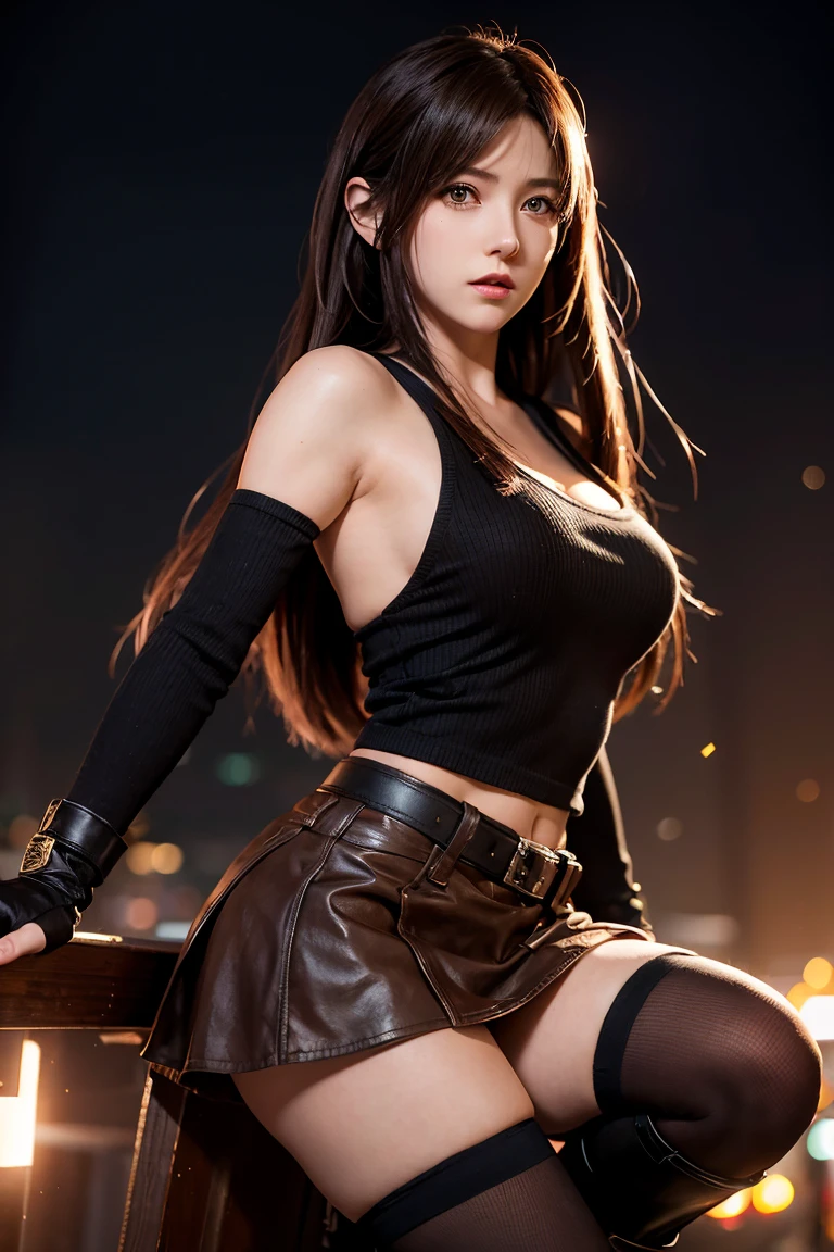 Tifa Lockhart,long hair,Riding boots,Depth of Field,night,Light Particles,light,Side light,thigh,skirt,Red eyes,brown hair,knee socks,sleeve,Mid-barrel boots
