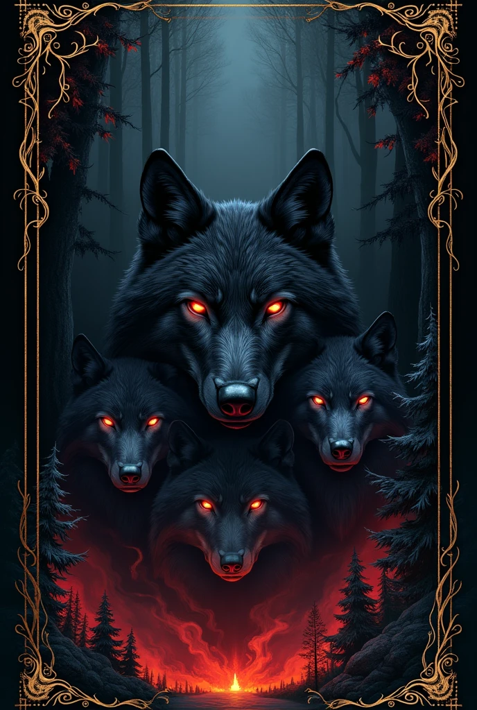 Make a book cover with the following information.
The background is black and on the edges of the cover there are gold details as if they were plant vines., besides some red details like fire embers. In the center, make several wolf eyes of different sizes.