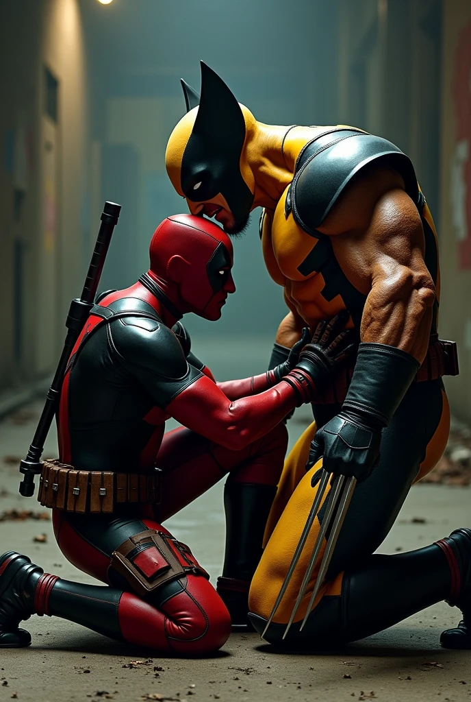 Deadpool kneels down and squeezes worlverine's cock