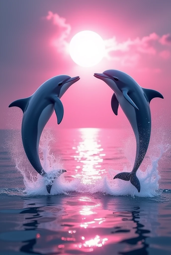 Two dolphins jumping forming a circle in the air with the Christian water with a magical pink sunset