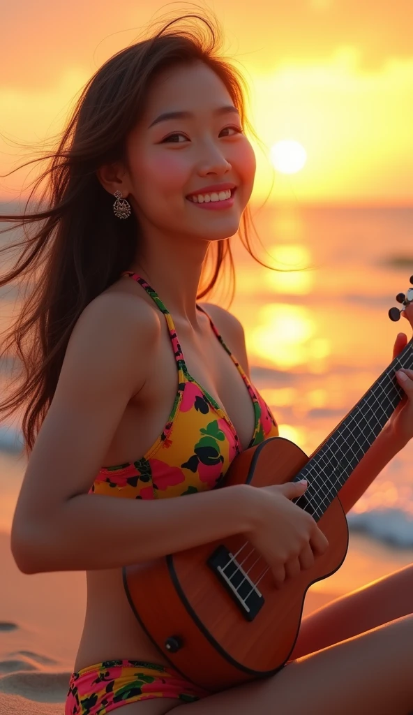 (photorealism:1.2), Create an image of a confident, mature filipina slightly fat woman with fair skin, long and thick hair, a small oval-shaped face with reduced cheekbones and round chin, and have a very pointy, smaller nose, sitting on a sandy beach, playing a ukulele with one hand while the other hand is raised, as if she is gently cradling the setting sun. Her stunning face is shown in a close-up with a joyful, flirtatious expression, her delicate features framed by windswept hair. She is wearing a sleek, vibrant bikini that complements her body. The background features the warm hues of the setting sun reflecting off the calm ocean waves, capturing the vibrant energy and beauty of a beach sunset.