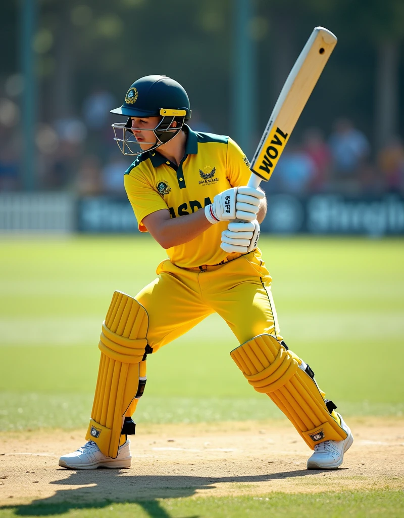 Give me a yellow jersey with AUS written on it. Wearing white sneakers. The cricket player is wearing a helmet and holding a cricket bat in both hands. He is preparing to hit the ball with his knees slightly bent.，Show the front side，顶光drop shadow, anaglyph, stereogram, tachi-e, ass pov, atmospheric perspective, 8k, super detail, best quality