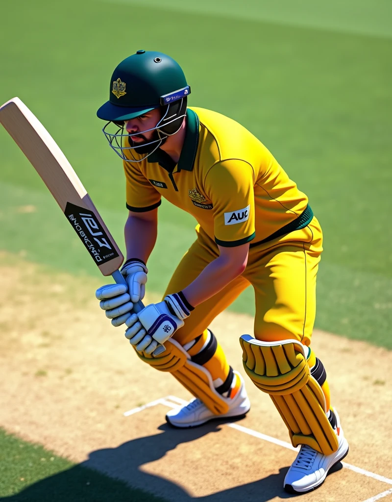 Give me a yellow jersey with AUS written on it. Wearing white sneakers. The cricket player is wearing a helmet and holding a cricket bat in both hands. He is preparing to hit the ball with his knees slightly bent.,Show the front side,顶光drop shadow, anaglyph, stereogram, tachi-e, ass pov, atmospheric perspective, 8k, super detail, best quality