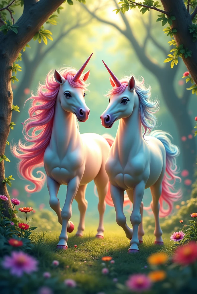 Two unicorns with hair on their bodies rainbow hair in an enchanted forest with flowers and well lit