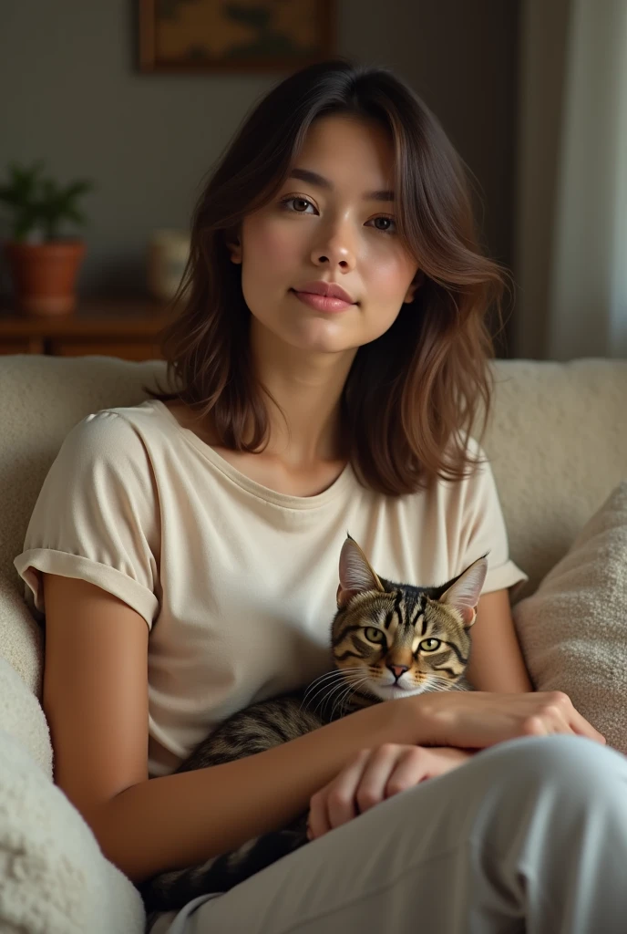 A American woman wearing beige cotton t-shirt sitting on a sofa with a Tabby cat next to her arm