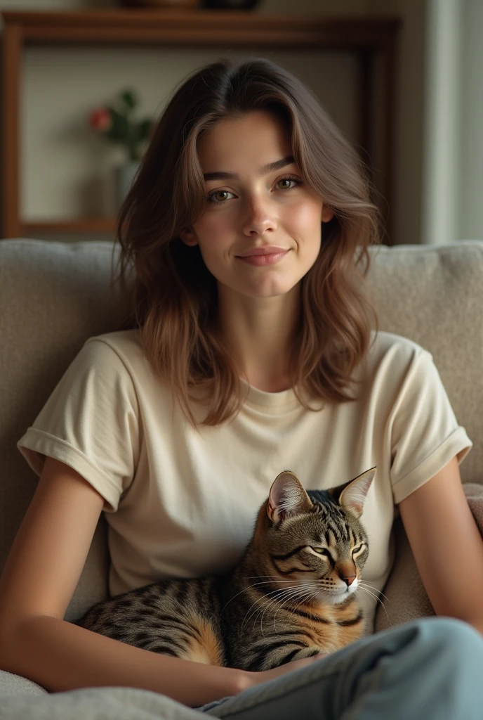 A American woman wearing beige cotton t-shirt sitting on a sofa with a Tabby cat next to her arm