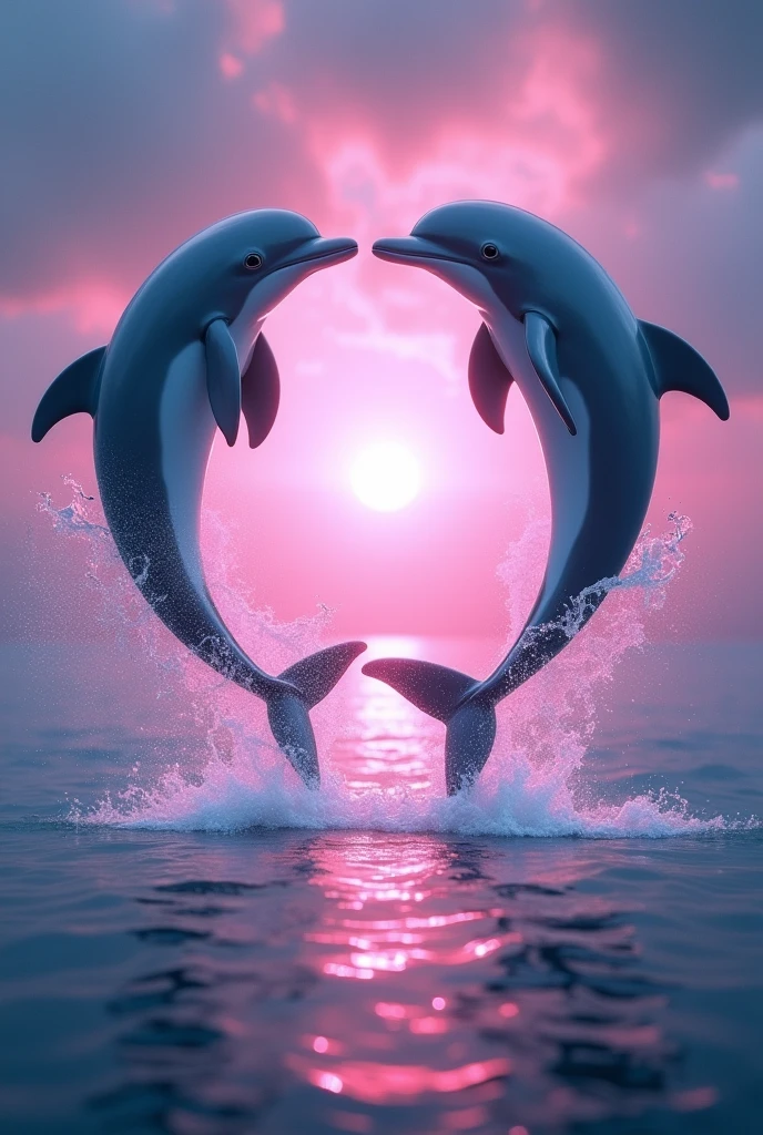 Two dolphins jumping forming a circle in the air with the Christian water with a magical pink sunset