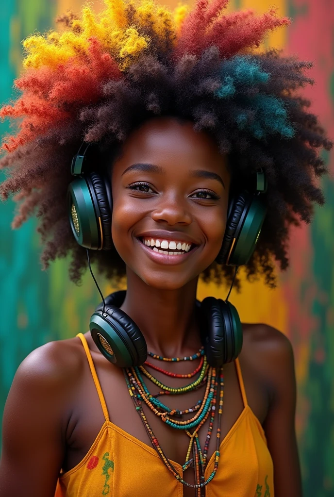 full body short, african goddess, beautiful face, luxuriant afro-textured messy rainbow hair, lightskin, Heterochromia eyes, really curly hair, smile, headphone,reggae style