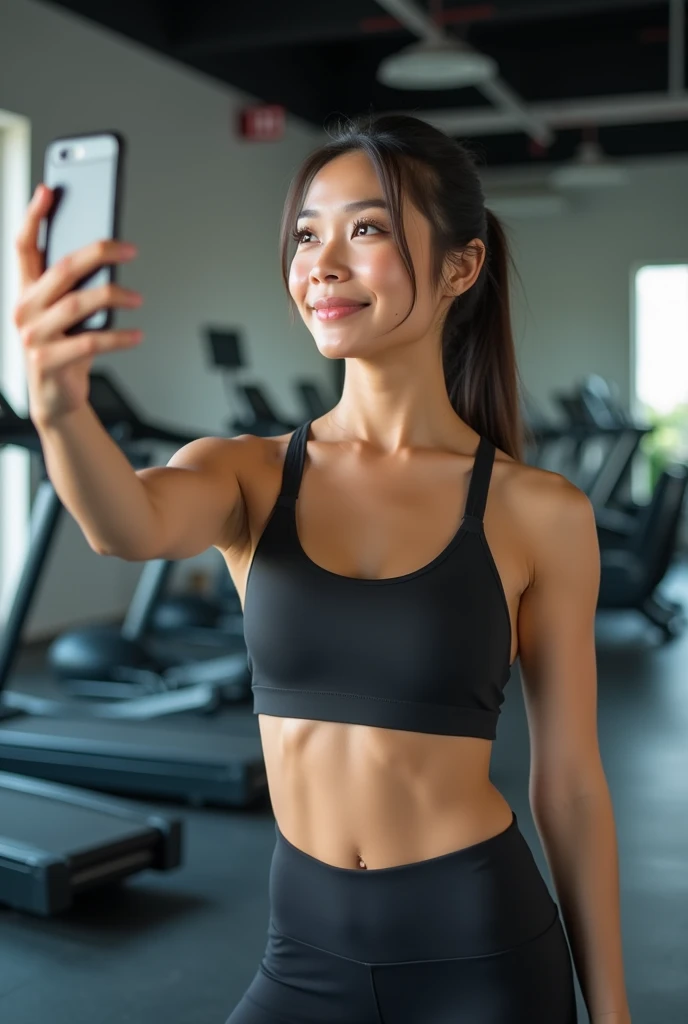 An Asian woman in the gym,Taking a selfie with your phone,skinny,No muscles