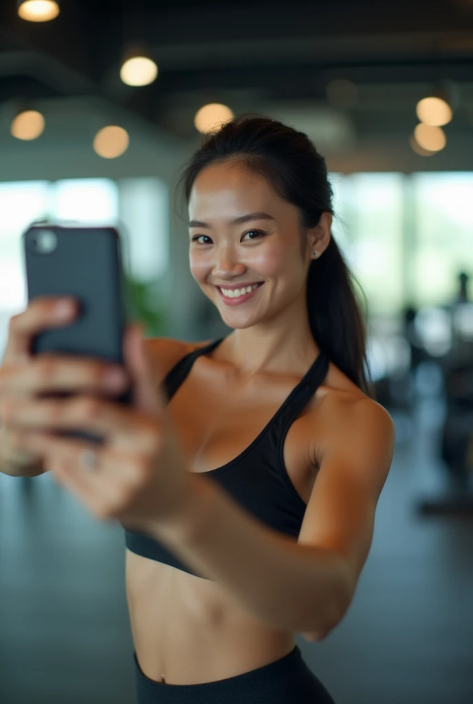 An Asian woman in the gym，Taking a selfie with your phone，skinny，No muscles