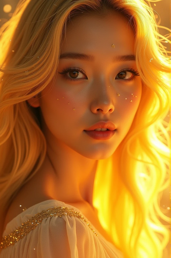 super realistic, super detailed, ultra HD graphics. high resolution. beautiful Korean girl with long hair, golden yellow. golden eyes emitting light.. face sparkling like diamonds. colorful. radiant.. enchanting. HD wallpaper