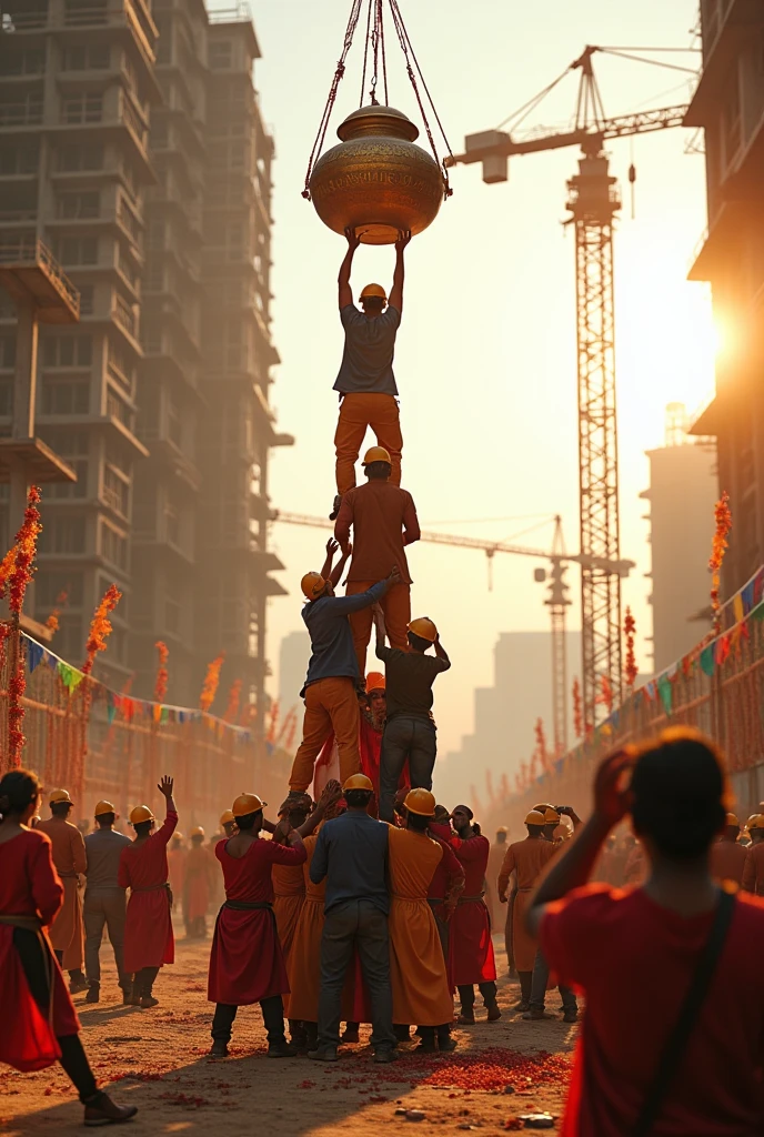Scene:
The image is set at the construction site of a large, modern commercial building under development. The foreground features a lively Dahi Handi celebration, blending traditional festivity with the construction environment.
Construction Site Elements:
The commercial building is partially constructed, with scaffolding and cranes visible.
Construction materials like steel beams and cement bags are scattered around.
Large construction trucks and machinery are stationed around the site.
Dahi Handi Celebration:
In the foreground, construction workers are actively participating in a Dahi Handi celebration.
A human pyramid is formed by the workers, with some in colorful work uniforms and others in traditional attire.
The top of the pyramid is reaching for a pot, which is artistically designed and suspended from a crane or a high point on the building.
The pot is decorated with vibrant patterns, garlands, and flowers.
Festive Decorations:
The construction site is adorned with colorful flags, streamers, and garlands hanging from scaffolding and cranes.
Subtle Janmashtami elements, such as peacock feathers and flower decorations, are integrated into the festive setup.
Lighting and Atmosphere:
The image is illuminated with warm, golden-hour lighting, casting a soft, cinematic glow over the scene.
The light highlights the contrast between the ongoing construction work and the celebration, adding a rich, festive ambiance.
Additional Elements:
Workers and onlookers are engaging in the celebration with joy and enthusiasm.
Some workers are taking a break from their tasks to join the festivities.
The company logo is placed in a corner of the image, subtly integrated into the scene so it blends naturally with the festive and construction elements.
Overall Mood:
The image captures a harmonious blend of celebration and industrious effort, symbolizing the balance between cultural festivities and the progress of modern development.