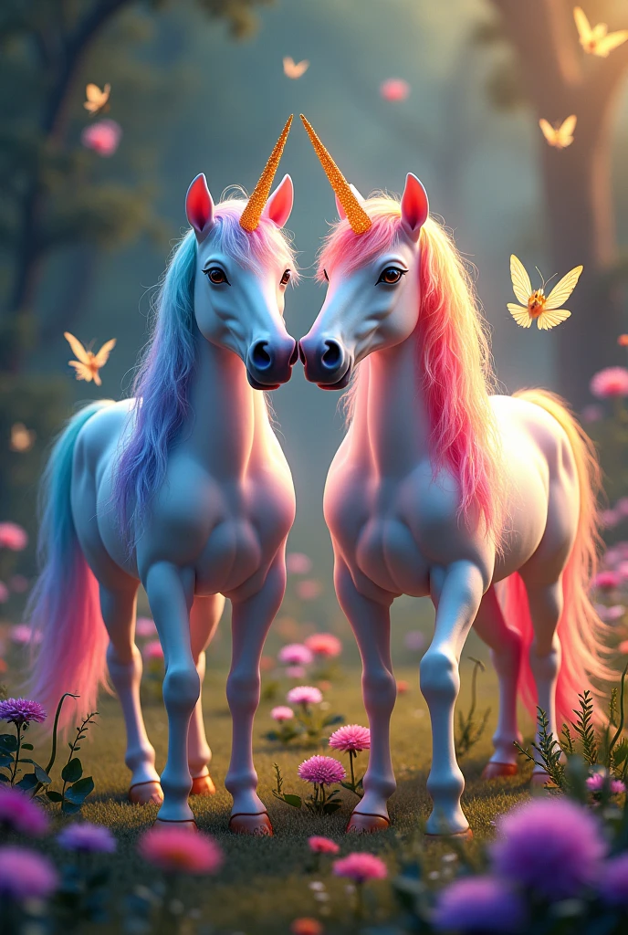 Two unicorns with rainbow hair on their bodies in an enchanted forest with flowers and fairies well lit 