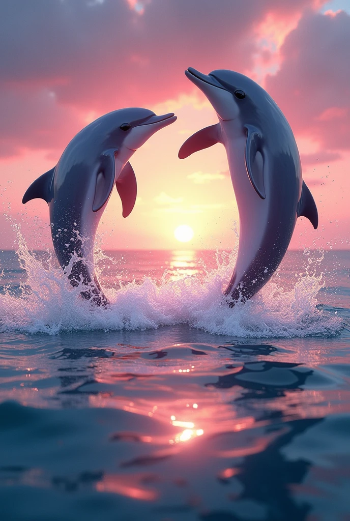 Two dolphins jumping in a circle in the air with crystal clear water and a magical pink sunset