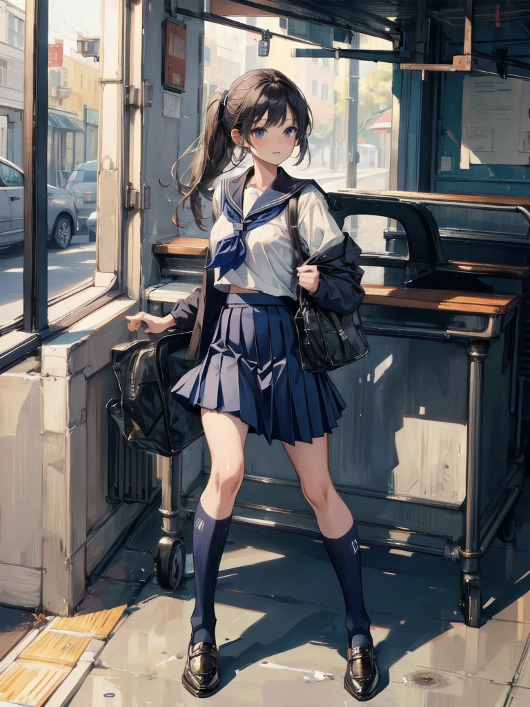 Highest quality, masterpiece, Clearer images, school_uniform, navy blue skirt,