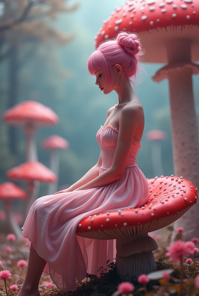 1girl,beautiful 18 year old girl,pink hair in a bun,bare shoulders,sitting on a giant mushroom,elegant,chic,modern,fashionable,muted colors,soft lighting,art nouveau,psychedelic anime style,colorful,trippy,(best quality,4k,8k,highres,masterpiece:1.2),ultra-detailed,(realistic,photorealistic,photo-realistic:1.37),HDR,UHD,studio lighting,ultra-fine painting,sharp focus,physically-based rendering,extreme detail description,professional,vivid colors,bokeh