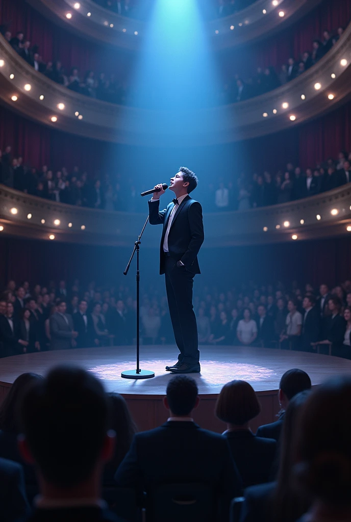 masterpiece, Best Quality, realist, Super detailed, Inside the concert, The singer sings into the microphone, go to the right,
