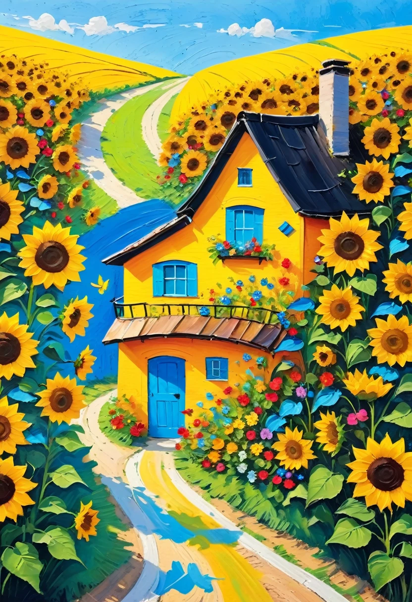A painting:(((Colorful black,Chalk painting,Oil stick painting,flight,Thick coating,Uneven texture,Plaster texture,Graffiti)))。,The winding path leads to the small house,Sunflowers on the roadside,Vibrant gouache landscape, Colorful scene, colorful、Rich in details, Colorful artwork, Landscape Art Detail, On a sunny day, The art of detail, colorful art,