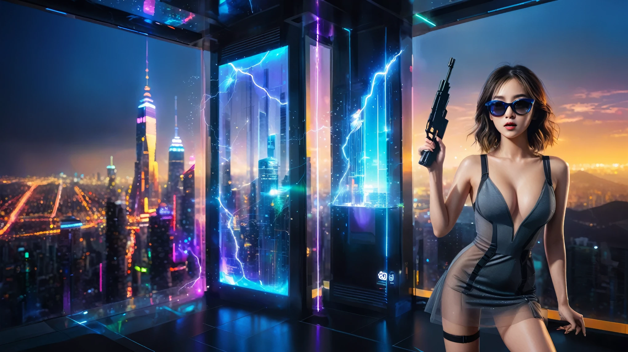 Futuristic cityscapes with colorful all-glass towering skyscrapers, flying vehicle, (futuristic sparkling teleporter with lightning). High-resolution OLED GUI interfaces in the building, The windows are filled with transparent data visualization infographics that show it all, from weather patterns to traffic flow. Colors are saturated and vibrant. At night, (1girl, solo), photo realistic, medium-breast:1.3 slim body, slim face, deep-v cleavage, high-waist one-piece short tulle dress, (micro black sunglasses, holding a short gun), half-body thigh level medium shot, cinematic lighting, ray tracing.