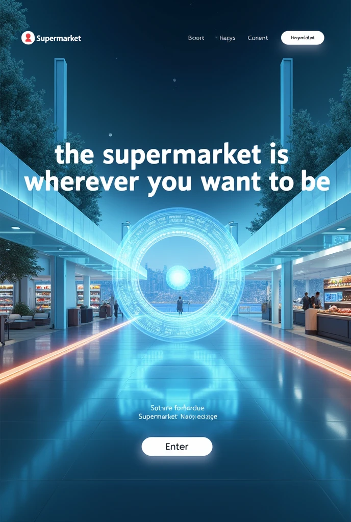 A futuristic website cover that says "The supermarket is wherever you want it to be " and also have an option below that says "Enter"