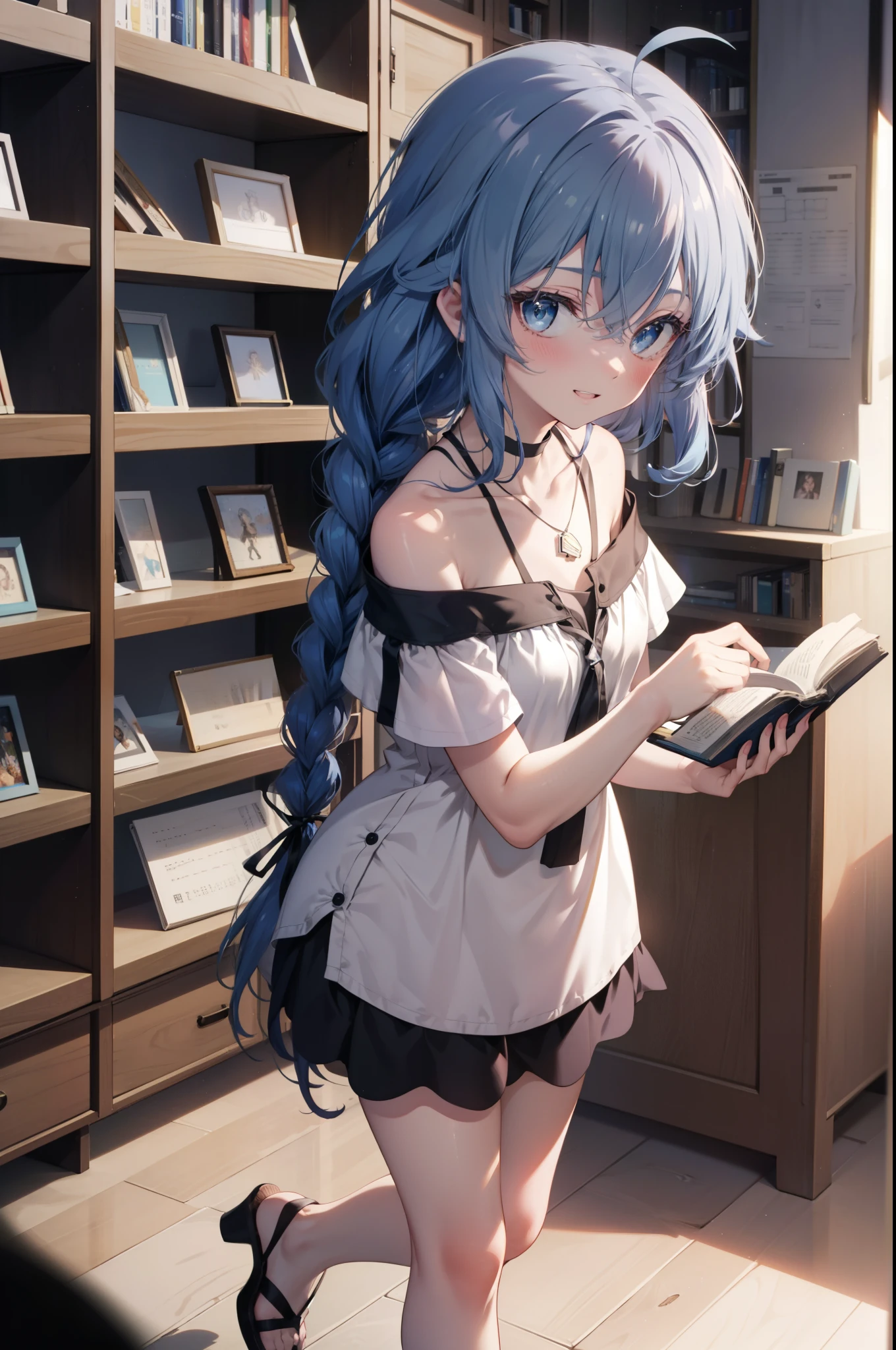 Roxymigurdia, Roxy, Ahoge, Black Ribbon, blue eyes, Blue Hair, Braiding, Hair between the eyes, Hair Ribbon, Long Hair, twin Braidings, very Long Hair, smile,blush,Open your mouth,Blue off-shoulder dress,bare clavicle,Bare neck,Bare shoulders,Rocket Pendant,Short sleeve,mini skirt,Cute heeled sandals,True Summer,Daytime,Clear skies,Walking,Bookshelf,Holding a book in both arms,whole bodyがイラストに入るように,
break looking at viewer,whole body,
break indoors,figure書館,
break (masterpiece:1.2), Highest quality, High resolution, unity 8k wallpaper, (figure:0.8), (Beautiful attention to detail:1.6), Highly detailed face, Perfect lighting, Highly detailed CG, (Perfect hands, Perfect Anatomy),