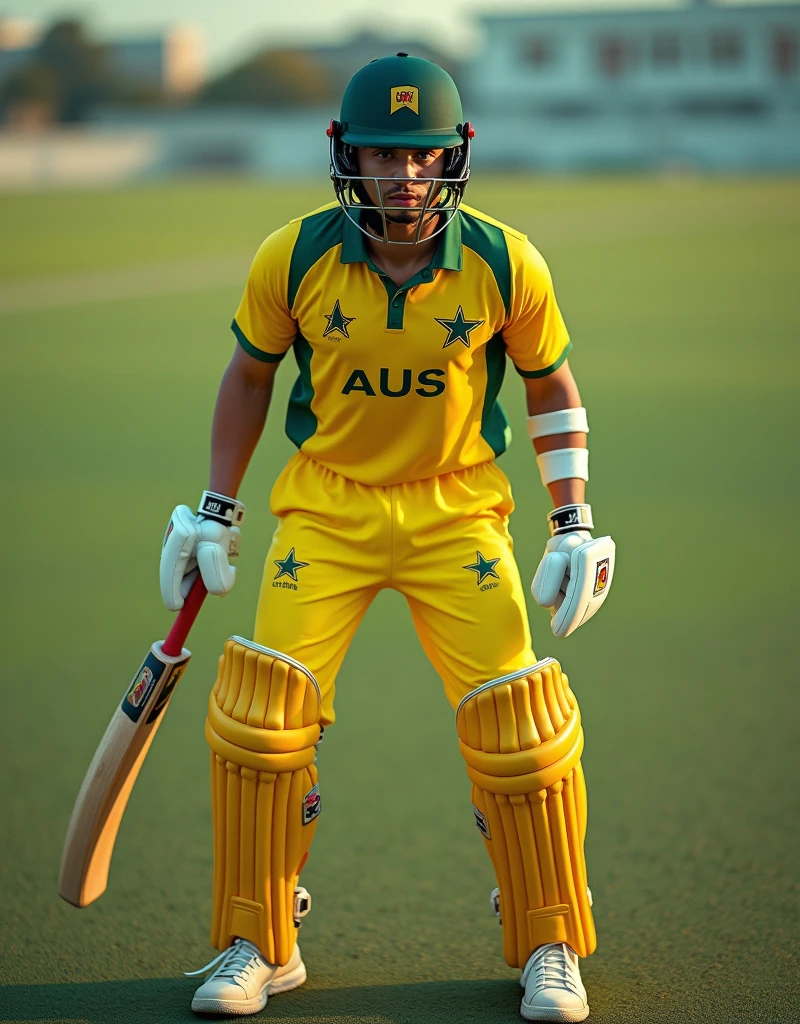 Give me a yellow jersey with AUS written on it. Wearing white sneakers. The cricket player is wearing a helmet and holding a cricket bat in both hands. He is waiting for the action with his knees slightly bent.,Show the front side,顶光drop shadow, anaglyph, stereogram, tachi-e, ass pov, atmospheric perspective, 8k, super detail, best quality