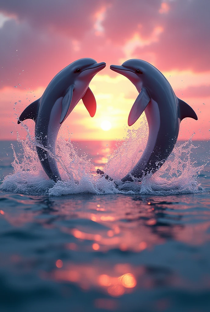 Two dolphins jumping in a circle in the air with crystal clear water and a magical pink sunset
