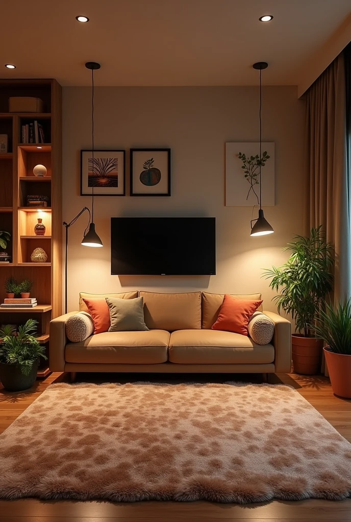 A room with a large rug. On the carpet, a brown sofa and on both sides, Lamps. in front of the sofa, on the wall, a television and below, a small table with plants. On the other walls there are some paintings and a bookcase.. and on the ceiling some led lights.