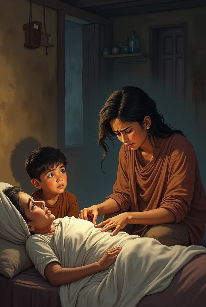 ??? Aarav sitting beside his sick mother, looking worried, while a healer tries unsuccessfully to treat her in a humble village home.