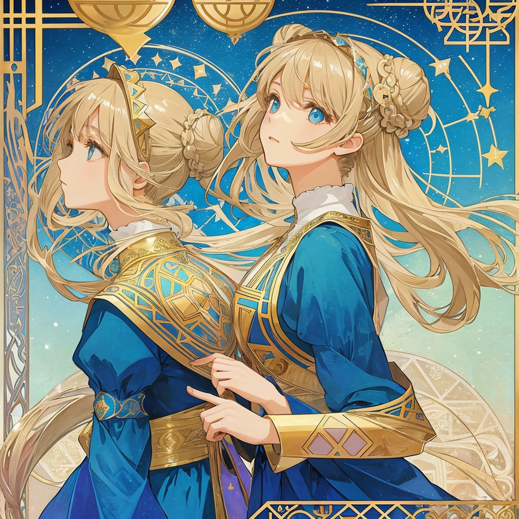 1 girl, (masterpiece, highest quality, highest quality, beautiful and aesthetic: 1.2), (1 girl: 1.3), lots jewelry, delicate arabic style clothing, square picture frame, ((face)), cool face, Traditional Arab blue dress, color hairstyle, Ultra-detailed, Soft Light, Gentle colors, solo, dynamic, (((geometric star patterns in the background))), profile,低めのポニーテール, bun hair, upper body, Alphonse Mucha's