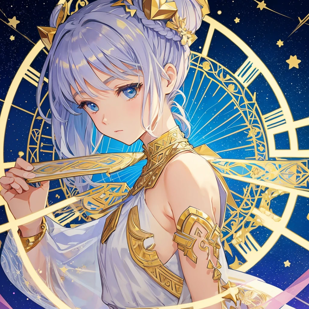 1 girl, (masterpiece, highest quality, highest quality, beautiful and aesthetic: 1.2), (1 girl: 1.3), lots jewelry, delicate arabic style clothing, square picture frame, ((face)), cool face, Traditional Arab blue dress, color hairstyle, Ultra-detailed, Soft Light, Gentle colors, solo, dynamic, (((geometric star patterns in the background))), profile,低めのポニーテール, bun hair, upper body, Alphonse Mucha's