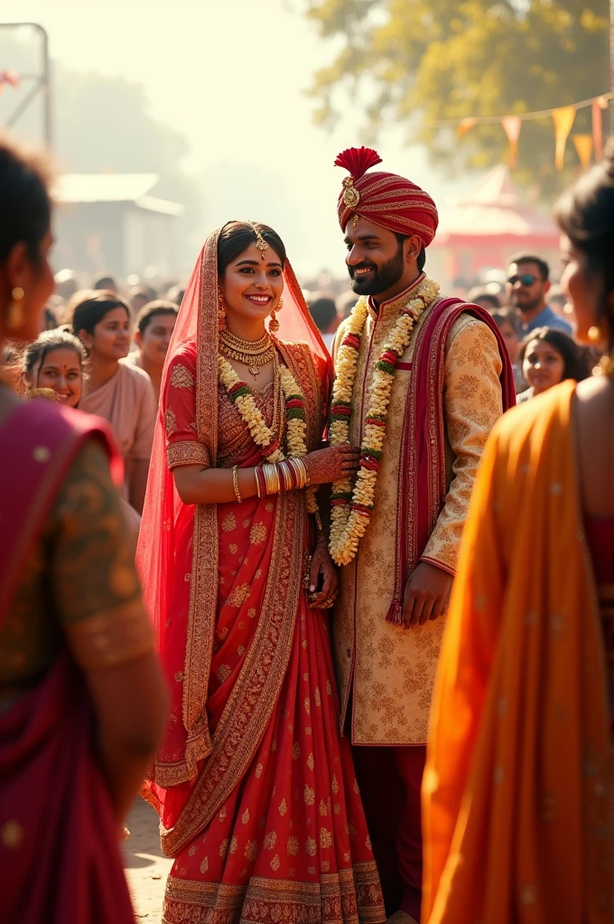 A Gujarati couple in their traditional dress doing their wedding rituals, in background peoples laughing and admiring them