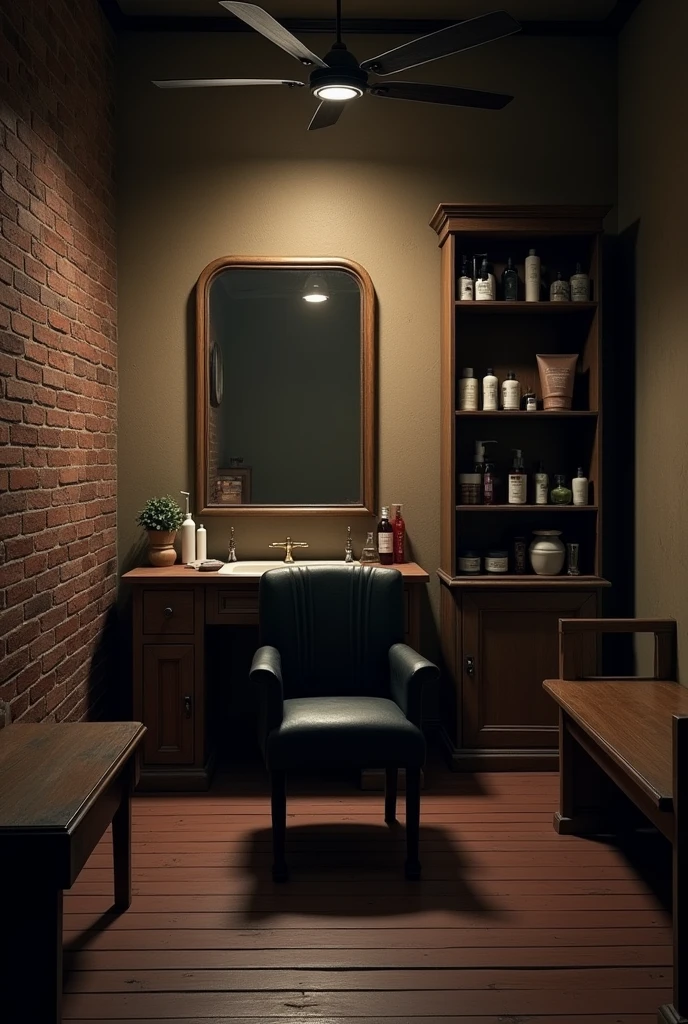 Inside view of a women beauty parlour, dark room, front wall is having single medium sized rectangle mirror, center with a old black chair right side with wooden open rackes and cosmetics and cream are aligned back wall is empty with single bench for sitting. All the wall is cemented bricked and roof has a ceiling fan with tin shed. Make it real image