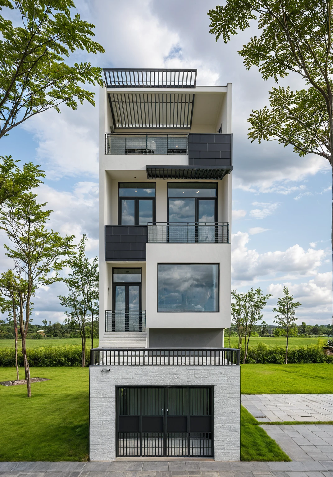 Masterpiece, high quality, best quality, authentic, super detail, outdoors, onestoreyvillaXL, aiaigroup, house style modern on the street ,stairs, white wall ,road,pavement, grass, trees, sky, cloud, (daylight:1.1)