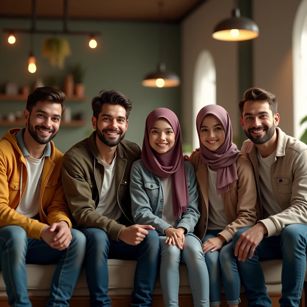 ((3 man wear jacket sitting), (2 hijabbed woman sitting), (1 hijabless teenage girl sitting)), casual fashion, happy expression, white skin people, indoor, extreme detail, masterpiece, 4k, adult 3D character, proportional, cinematic lighting
