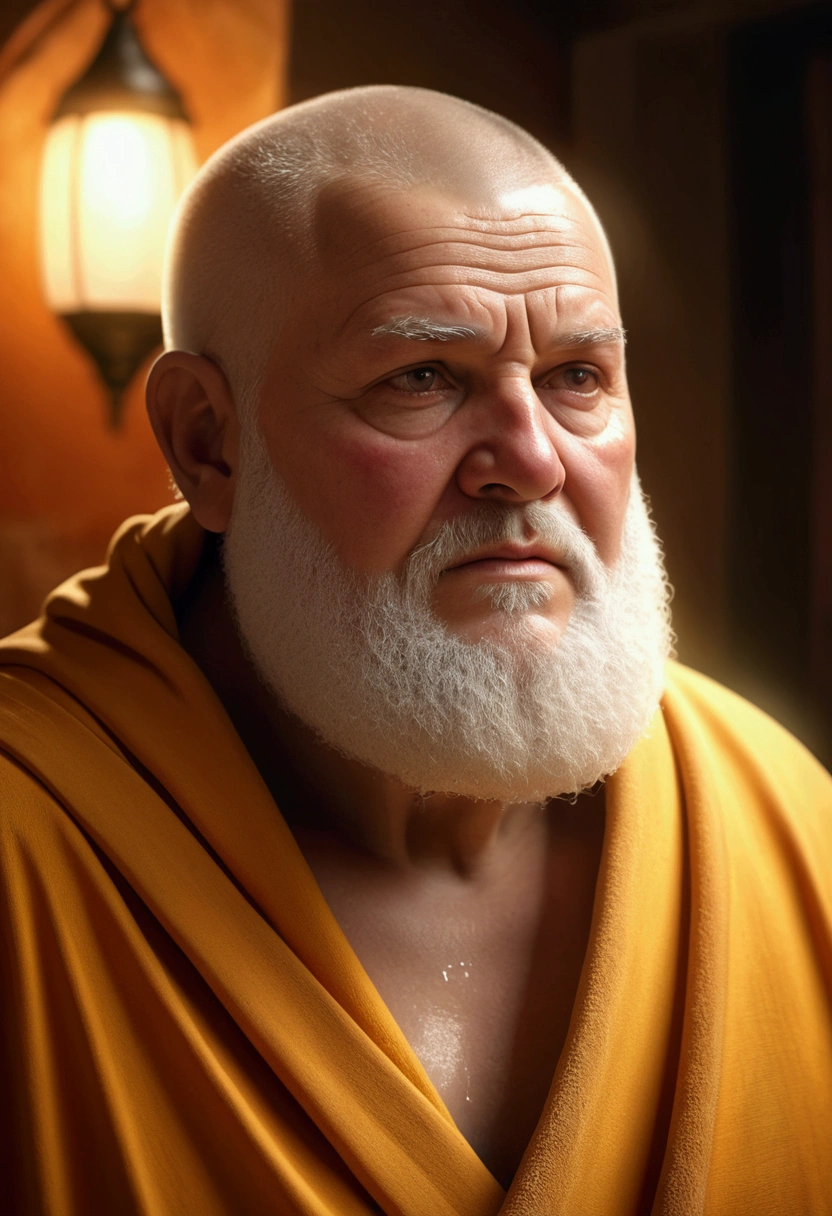 a detailed of an elderly, obese white beard Dominican monk with an attractive, kind facial expression, warm lighting, takes a shower, view to the waist, detailed facial features, photorealistic, 8k, (best quality, 4k, 8k, highres, masterpiece:1.2), ultra-detailed, (realistic, photorealistic, photo-realistic:1.37), HDR, UHD, studio lighting, ultra-fine painting, sharp focus, physically-based rendering, extreme detail description, professional, vivid colors, bokeh