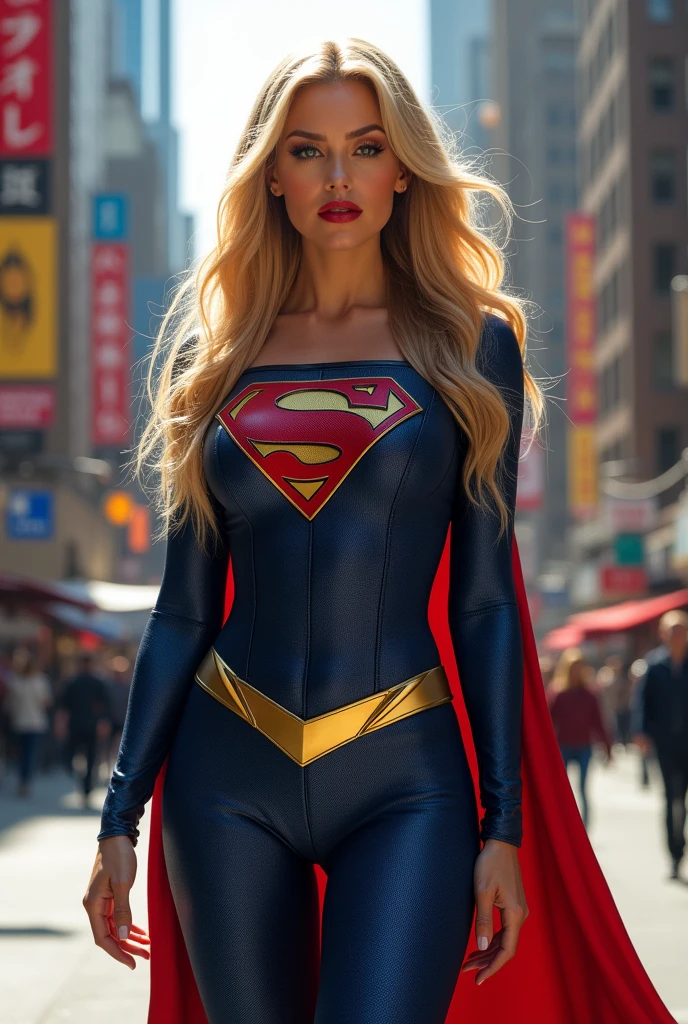 ultra realistic, photography, long straight blonde hair, (wavy elegant hair, blue eyes, perfect round lips, 30 years old, gorgeous face, voluptuous figure, perfect fit body, big enhanced breasts), red lips, gold high heels, Long eyelashes, ((best quality, 8 thousand, masterpiece:1.4)), Highly detailed face and skin textures, detailed eyes, she is wearing a tight and sexy Supergirl costume and standing in the Streets of Manhattan