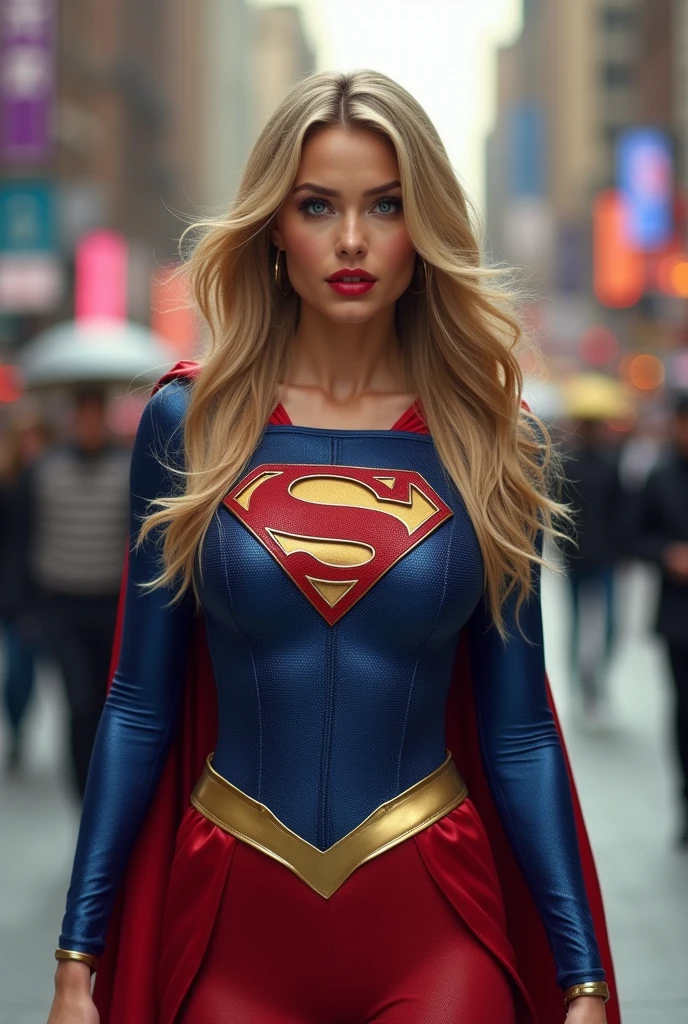 ultra realistic, photography, long straight blonde hair, (wavy elegant hair, blue eyes, perfect round lips, 30 years old, gorgeous face, voluptuous figure, perfect fit body, big enhanced breasts), red lips, gold high heels, Long eyelashes, ((best quality, 8 thousand, masterpiece:1.4)), Highly detailed face and skin textures, detailed eyes, she is wearing a tight and sexy Supergirl costume and standing in the Streets of Manhattan