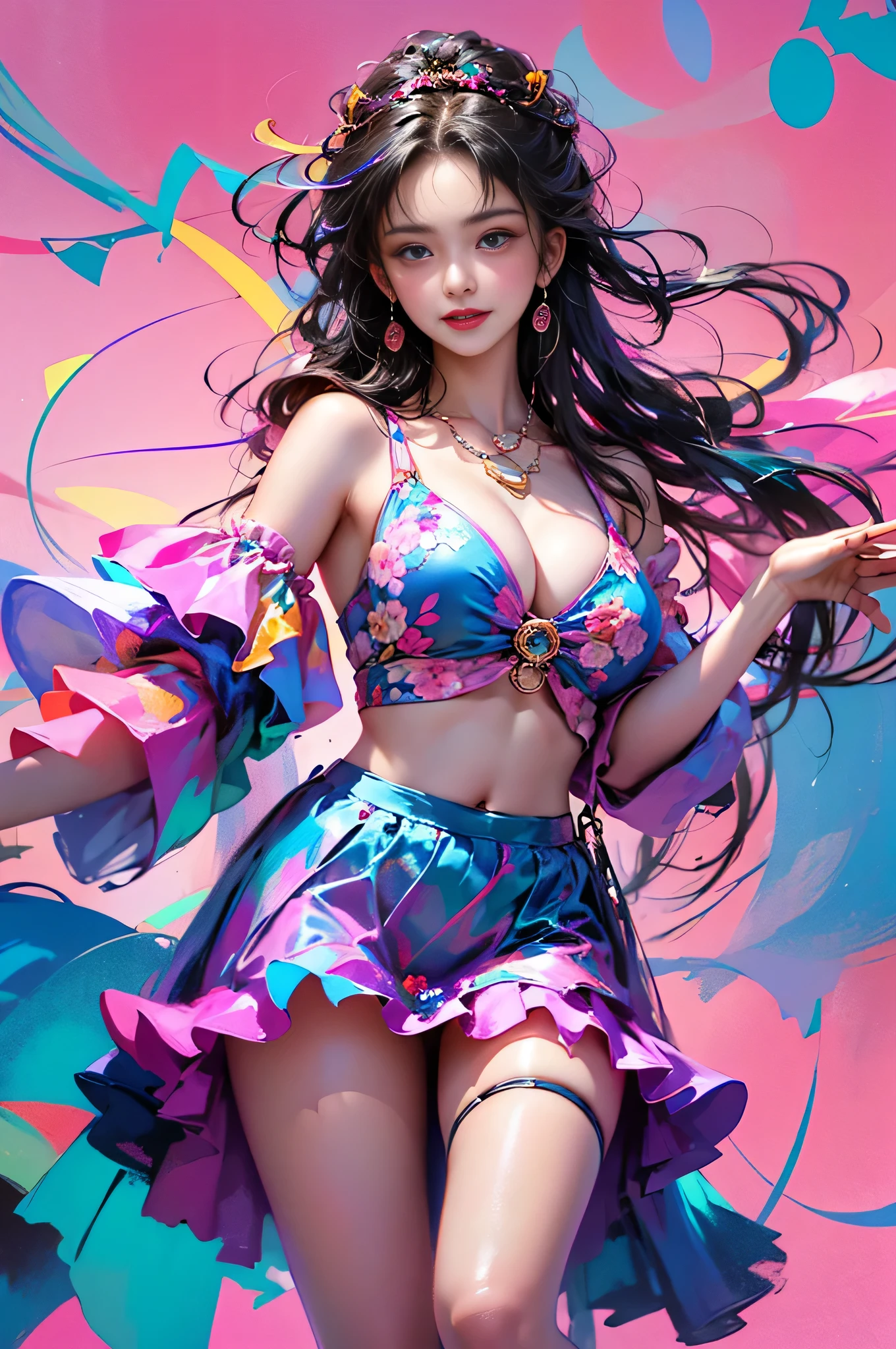 Fashion photography, 4K, soft light, rim light, beautiful, (photorealistic, raw: 1. 2), (natural skin texture, realistic eye and facial details, cheeks, wispy smile), beautiful New Caledonia beach background, ultra realistic, ultra high definition, 4K, top quality, magazine masterpiece Fashion, (abstract fashionable fashion, wearing oversized sheer top and floral sheer skirt with oversized large cleavage visible, smiling, random pose, floating hair, hair, blow, shiny skin, thin thighs, ((abstract colourful background)), young beauty Description: spirit of, girl, detailed face
