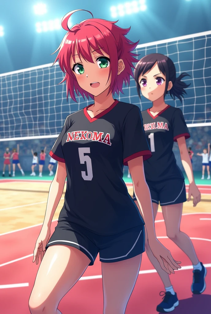 **Description:**
- **anime girl:** by the wide, red in color, with snap. His eyes are green and bright. She wears the Nekoma High School uniform. *haikyuu!!*, with the number 5 on the shirt.
- **uniform:** Black t-shirt with the Nekoma logo and the number 5 in white, along with black shorts. 
- **Kuroo Tetsurou:** at your side, with the Nekoma uniform, black t-shirt with white number 1.
- **scenery:** A volleyball court with a net and marked lines. Lighting should give a vibrant and dynamic feel, típica de los partidos de voleibol en haikyuu!!