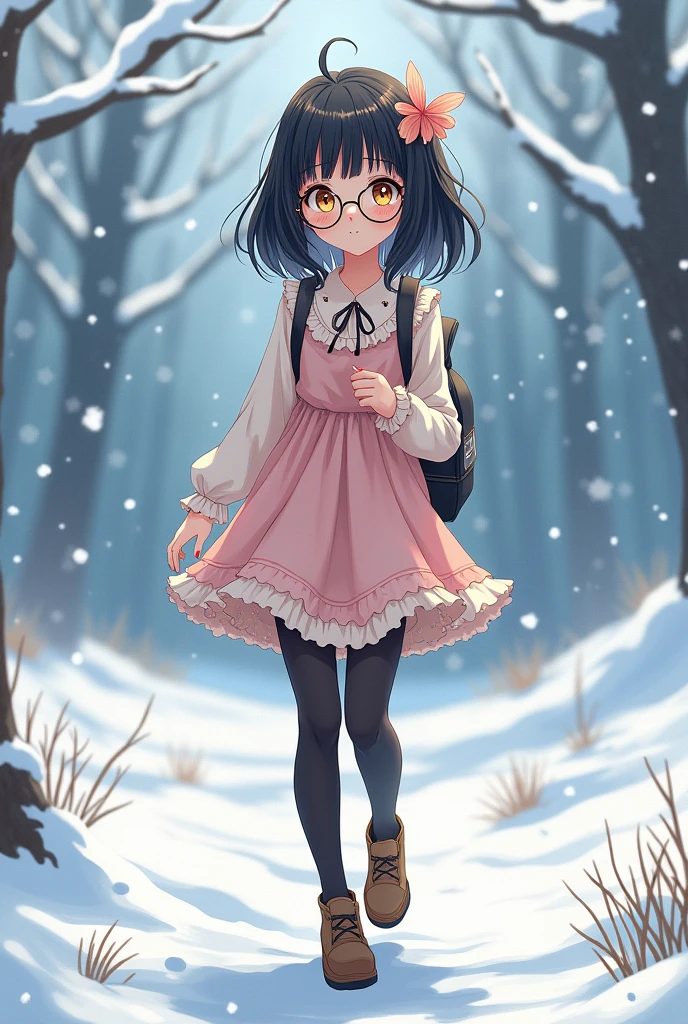 Anime nerdy girl, black hair, hair highlights, yellow eyes, tan skin, full body, nail polish, round glasses, frilly dress, hair accessory, black leggings, snowing, walking